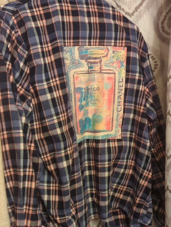 CHANEL Other - Navy and Peach Plaid Button-Down Shirt with Colorful Back Patch